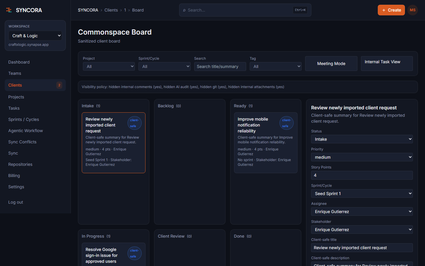 Syncora Client Board showing sanitized client-facing delivery status and progress.
