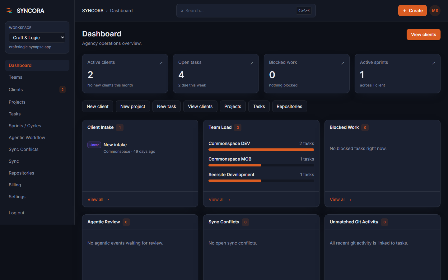 Syncora dashboard showing operational overview of clients, projects, and active delivery work.