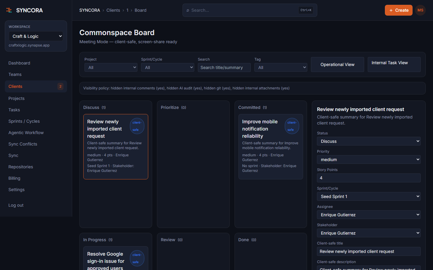 Syncora Meeting Mode on Client Board for stakeholder reviews and progress snapshots.