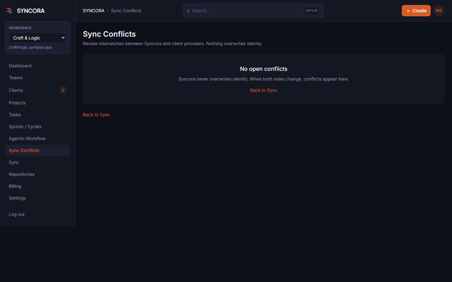Syncora sync conflicts and preview surface for reviewing proposed writebacks before apply.